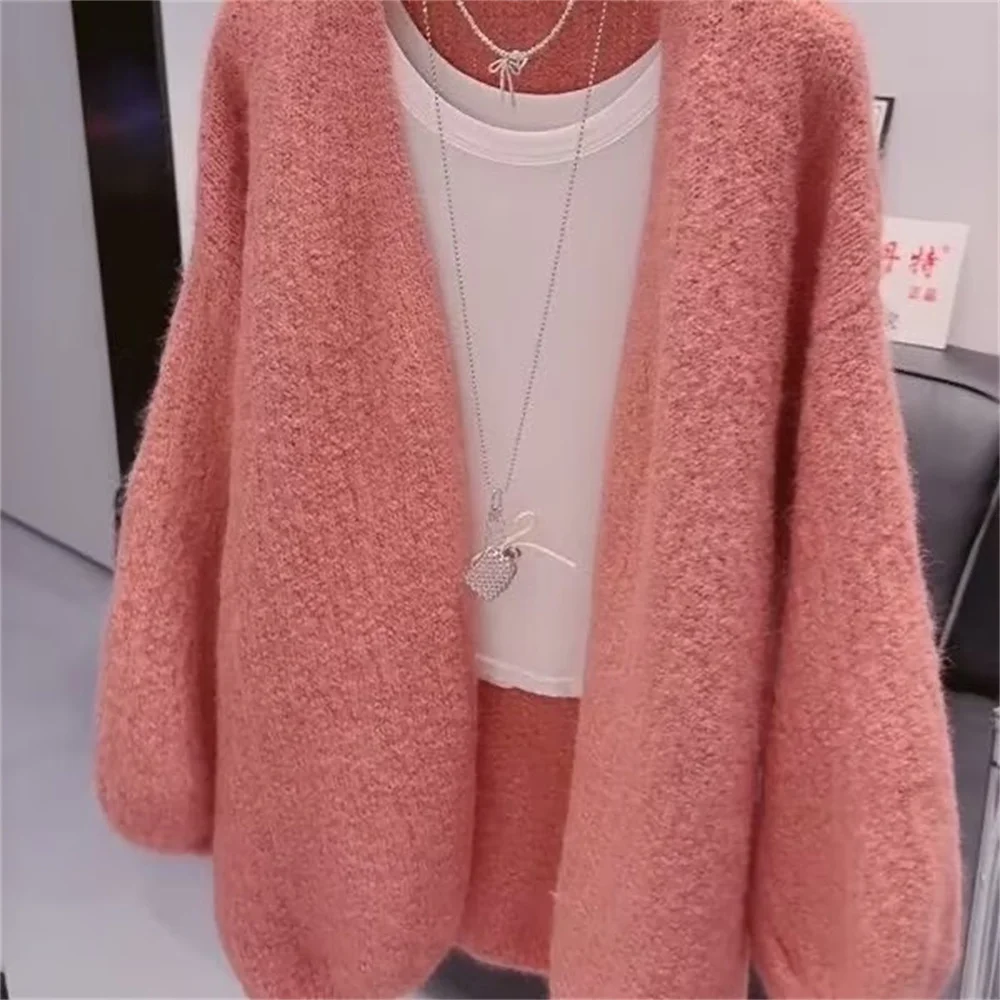 

Осень-зима вязаный короткий кардиган женский теплый однобортный свитер женский однотонный свободный пальто с длинными рукавами большие свитера