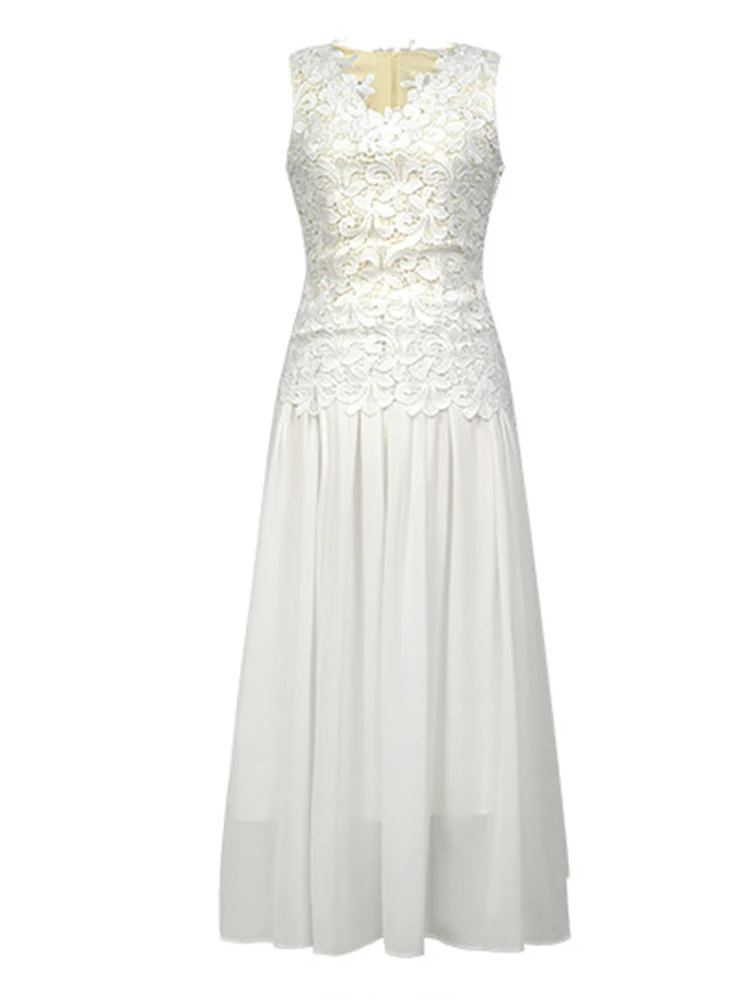 ชุดเดรสยาวสีขาวผ้าชีฟองลูกไม้แขนกุดทรงเข้ารูปสำหรับผู้หญิง สไตล์หรูหรา เหมาะสำหรับงานปาร์ตี้ งานพรอม งานวันเกิด