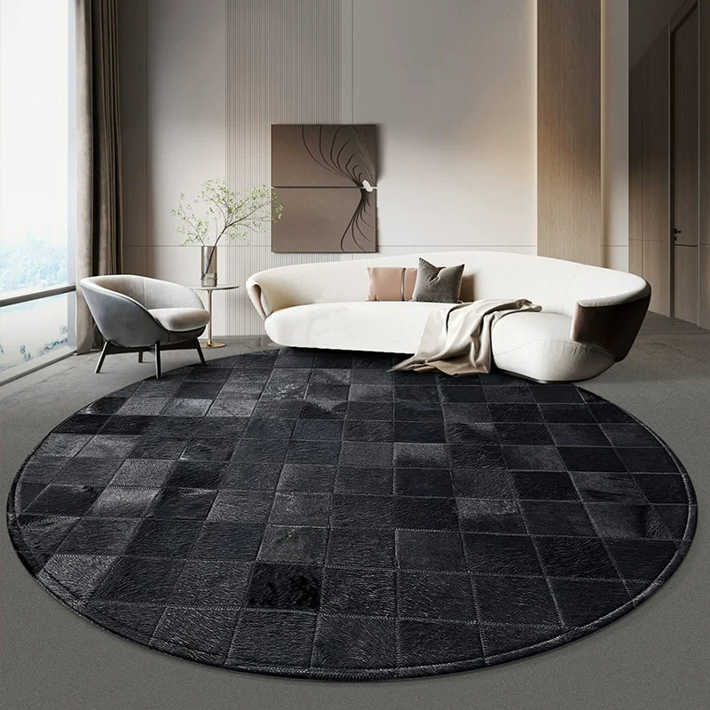 Black Plaid Cowhide Splicing Round Carpet For Living Room Handmade Luxury Rug For Bedroom Office Sofa Coffee Table Floor Mat