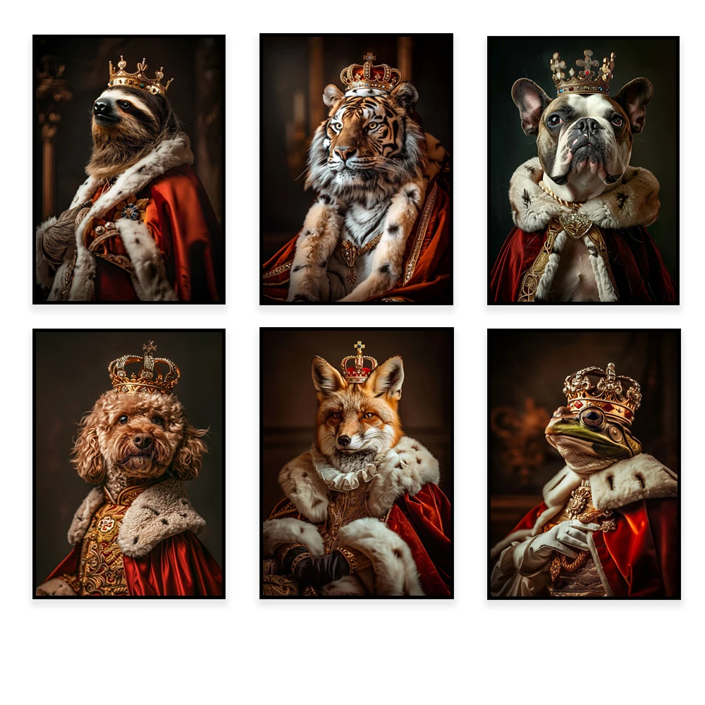Royal animals bulldog, tiger, frog, lion, fox, cocker spaniel king renaissance animal portraits, vintage crown decoration poster