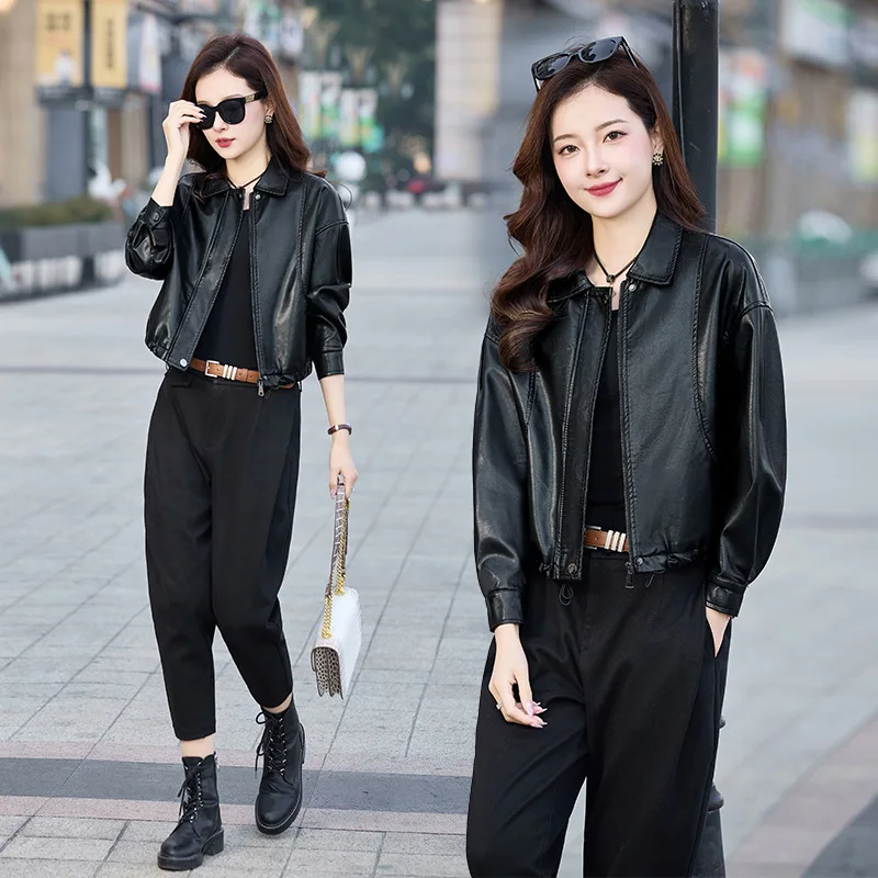 Short stature leather jacket for women in 2024, new spring and autumn fashionable temperament, slimming short sheepskin jacket