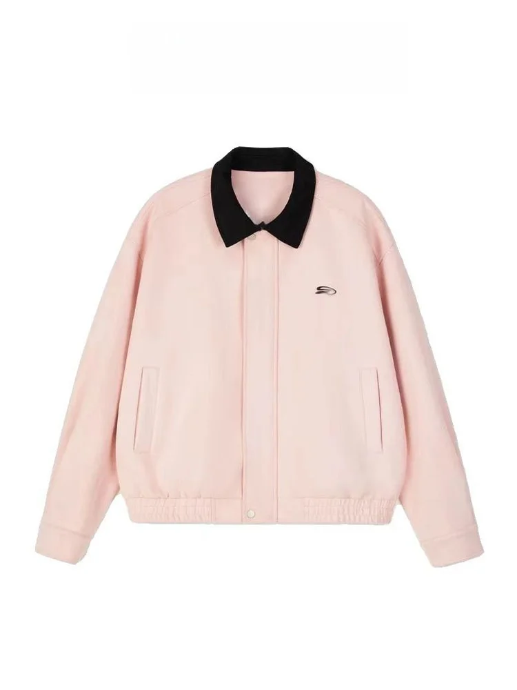 

American Style Pink Suede Collar Jacket Women's Loose Casual Short Baseball Uniform Top Spring Autumn Seasonal Outerwear