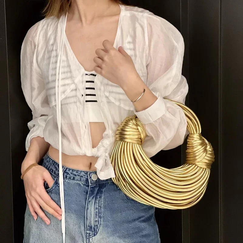 

Luxury Design Spring And Summer New Genuine Leather Women's Evening Bag Fashion Knotted Woven Hobos Handbag High Quality Female