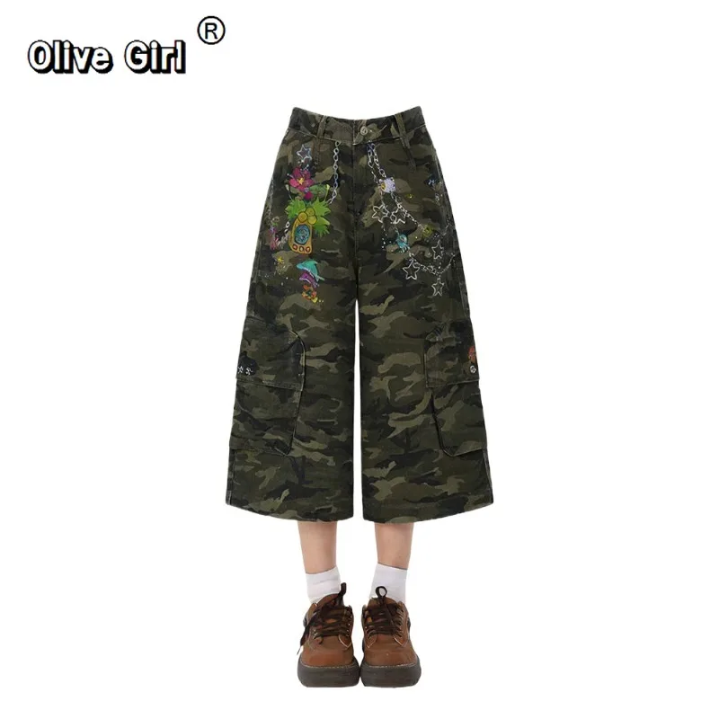 Olivegirl 2026 Summer Women Jean Jorts Camouflage Shorts Japanese Y2K 2000s American Retro Calf-Length Denim Pants High Street