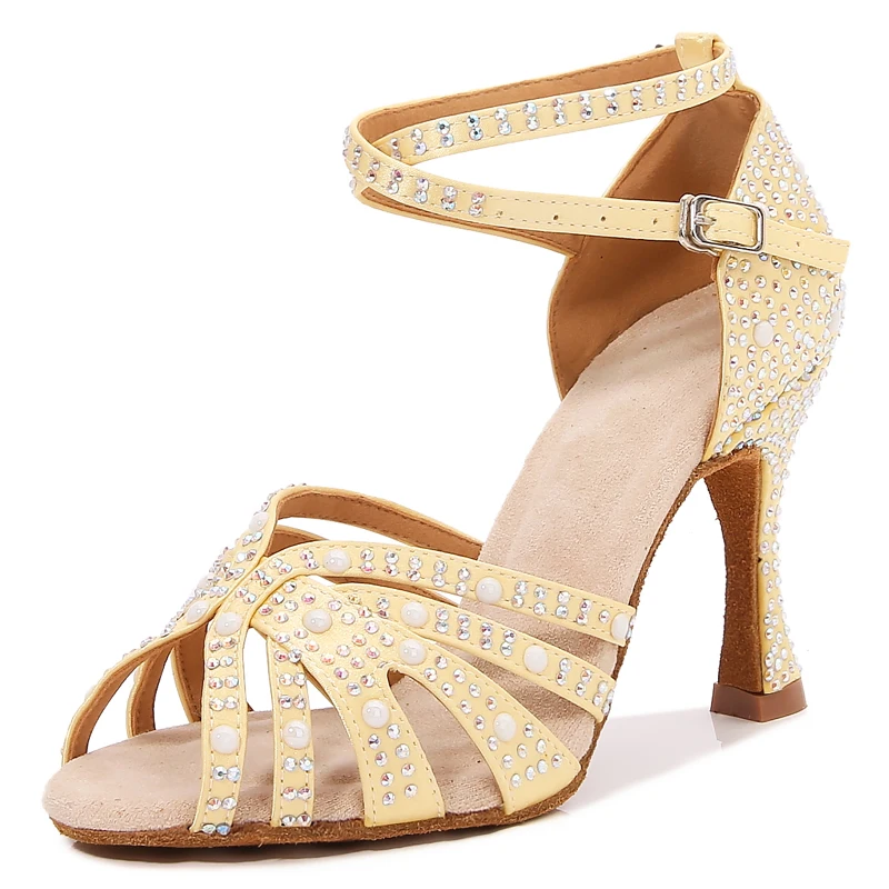 Latin Shoes Ladies Salsa Tango Ballroom Party Dance Shoes Rhinestone Satin Pink Yellow Girls High Heel Summer Sandals Sneakers