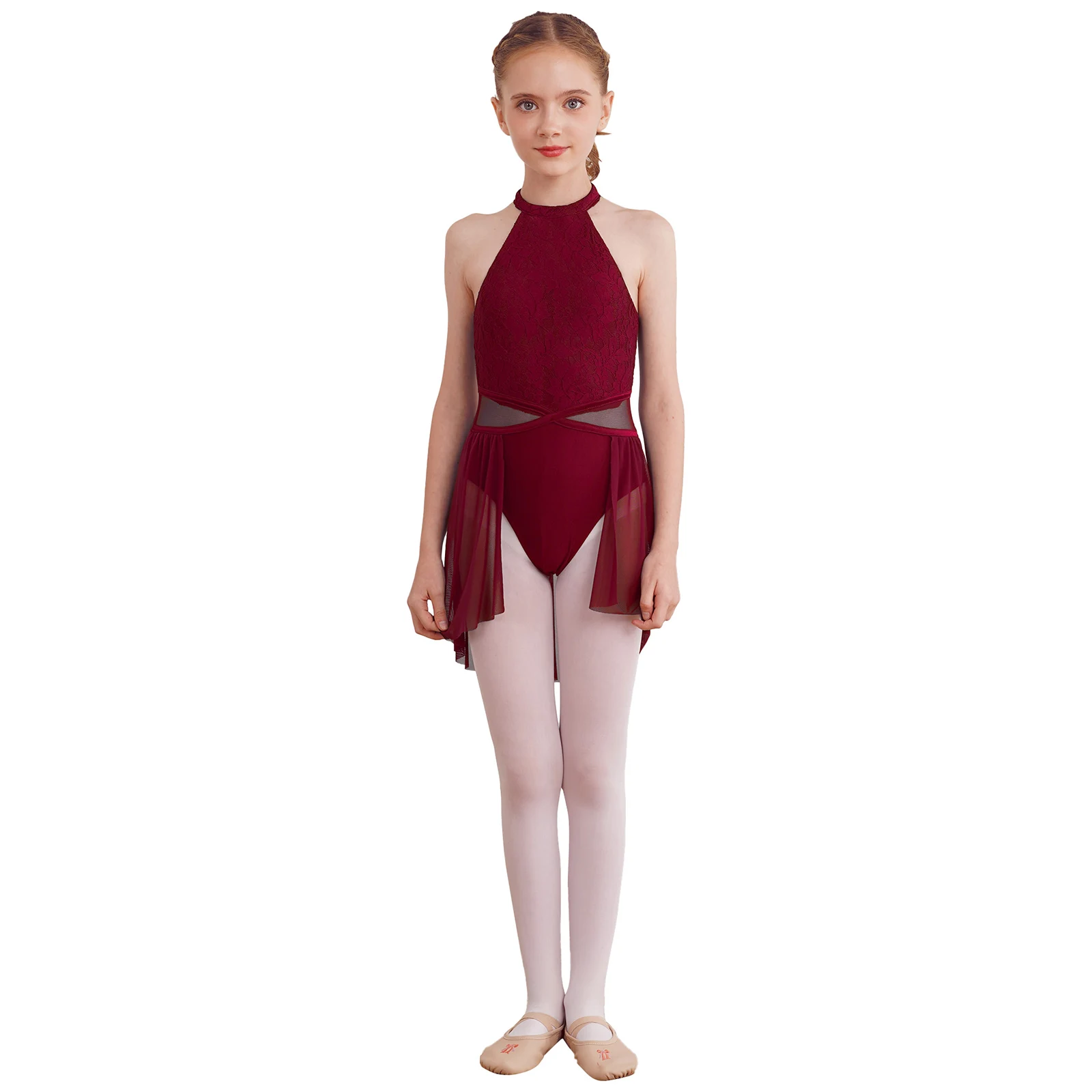 الأطفال فستان التزلج على الجليد المراهقين Dancewear أطفال بنات غير النظامية هيم أكمام الدانتيل الأزهار فستان الباليه الجمباز يوتار