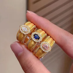 Retro oval brushed sapphire rings for women vintage Court style sparkling inlay diamond Pink wide ring wedding fine jewelry