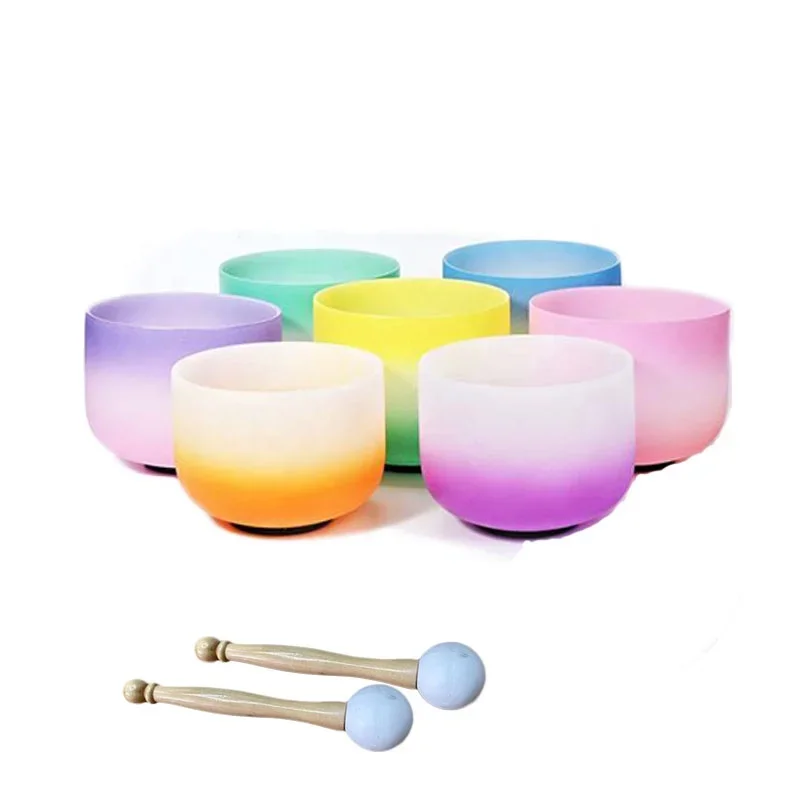 Customized Size 7 Chakra Quartz Crystal Singing Bowl Set Gradient Color For Yoga Practice