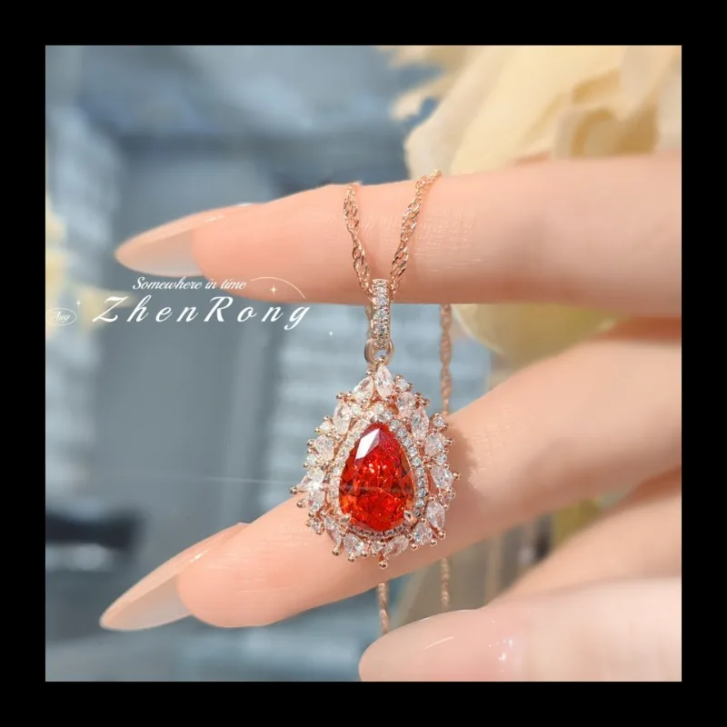 غروب الشمس البرتقالي فانتا الماس الكلاسيكية الأميرة ديانا قطرة الماء قلادة ضوء أزياء فاخرة بسيطة الصينية الأحمر عالية الكربون الماس #3