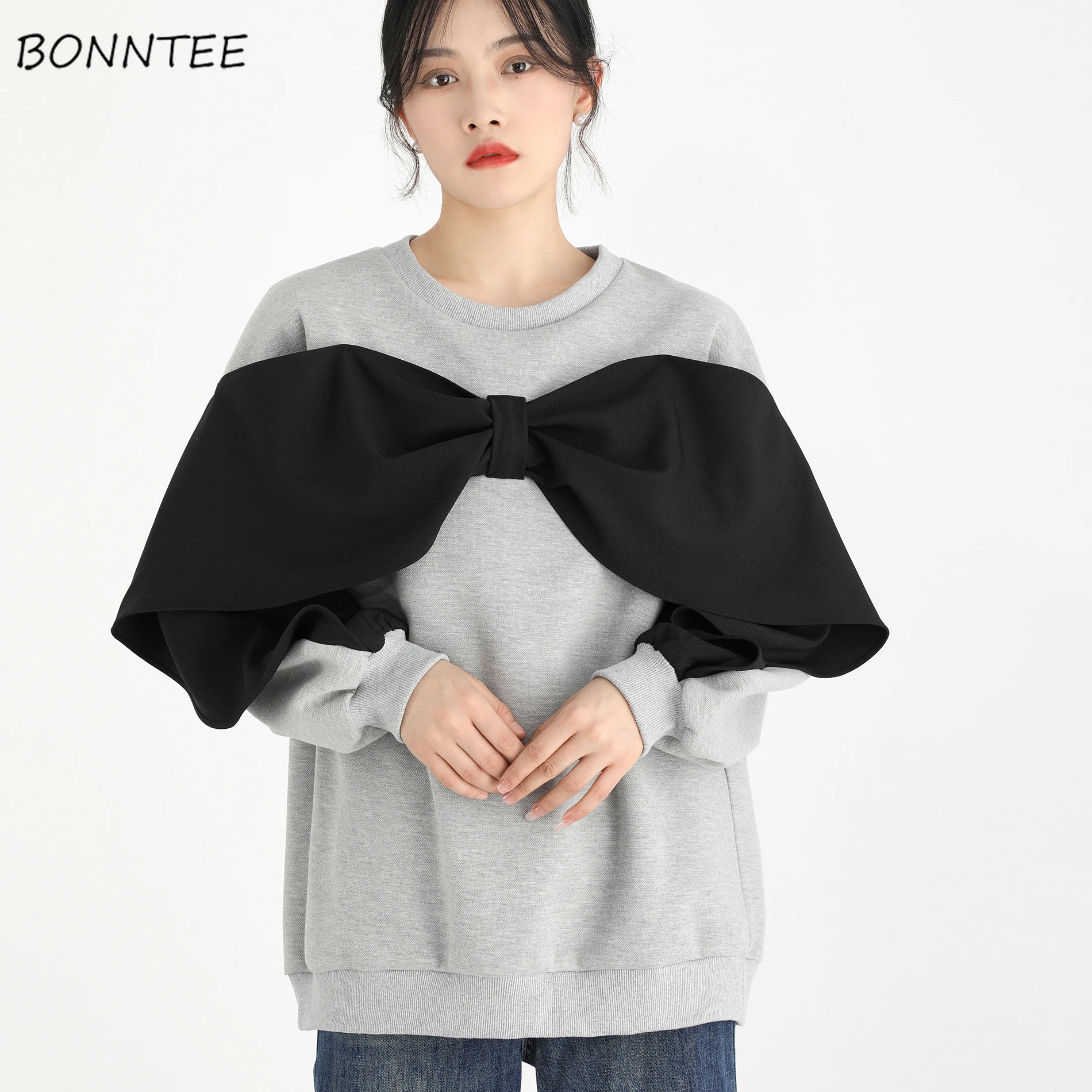 Loose No Hat Hoodies Women Spring Autumn Panelled Fake Two Pieces Patchwork Design Ruffles Bow Long Sleeve Clothing Fashion New