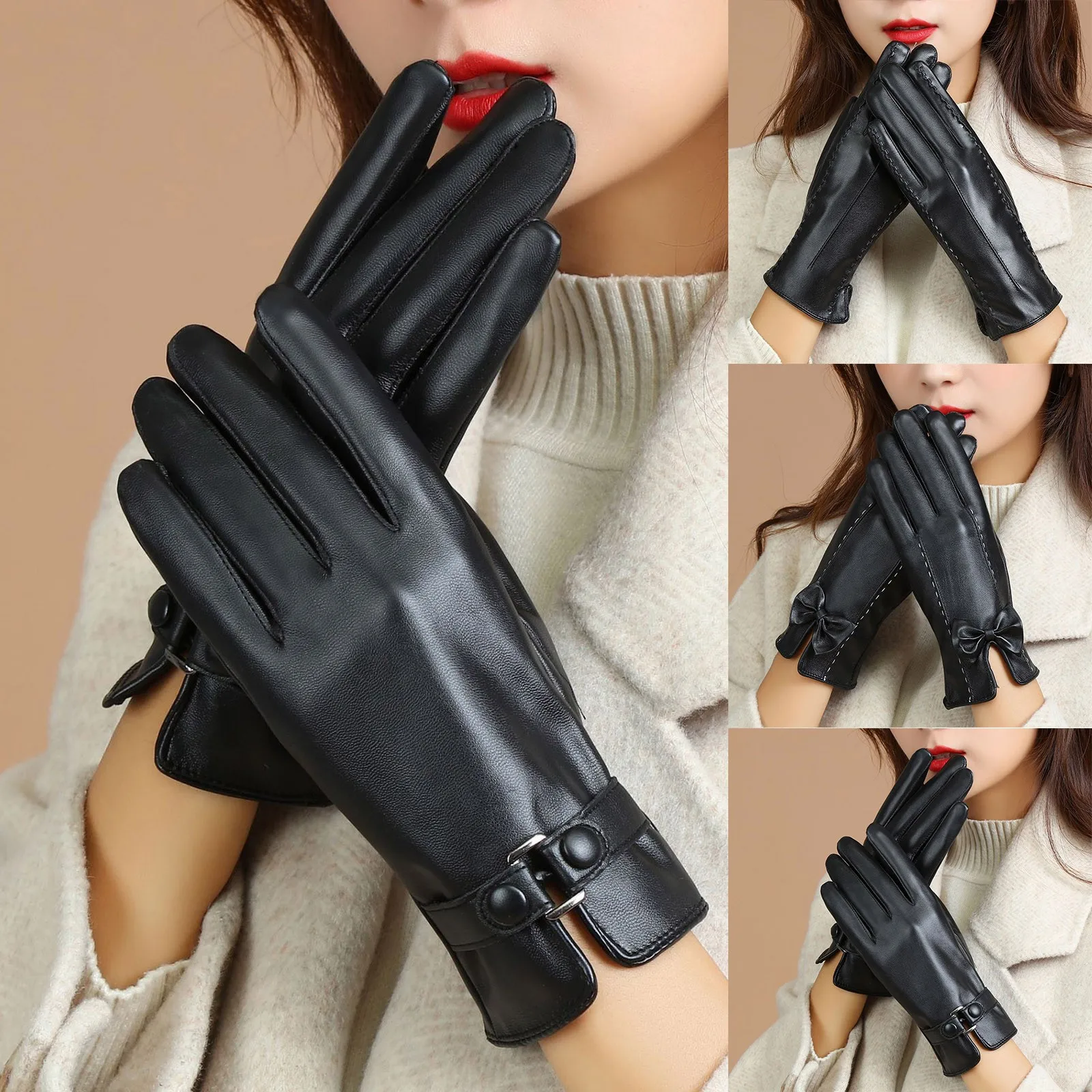 Winter Gloves Mittens Fashion Sexy Lace Women Black Outdoor Heat Full Finger Lined Driving Gloves Leather Elastic Warm Gloves