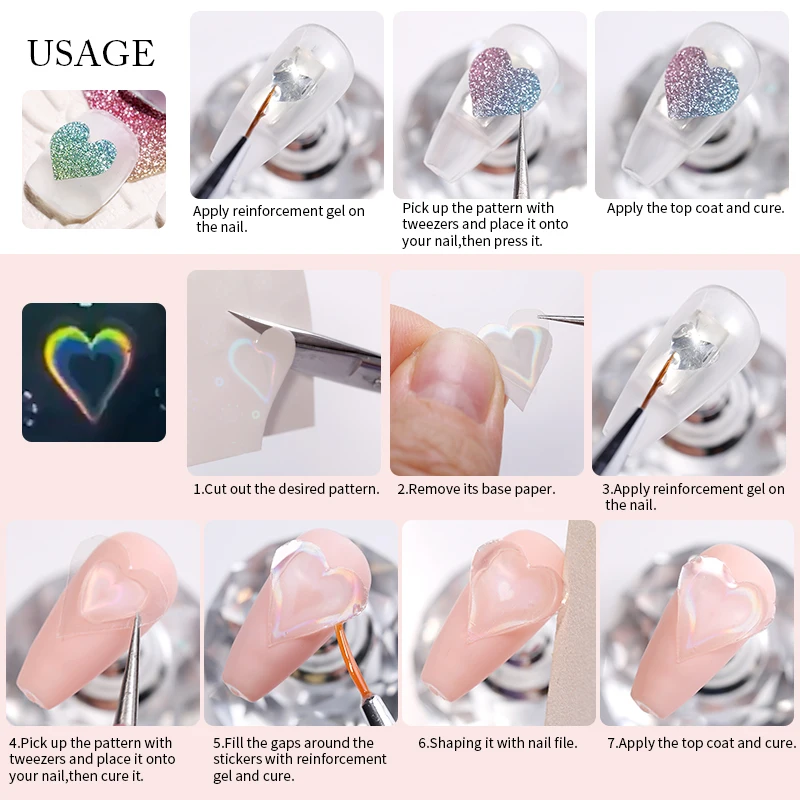 Love Heart Aurora Pattern Nail Stickers Sparkly 3D Iridescent Star Heart Nail Decoration Wraps Valentine Manicures Tools