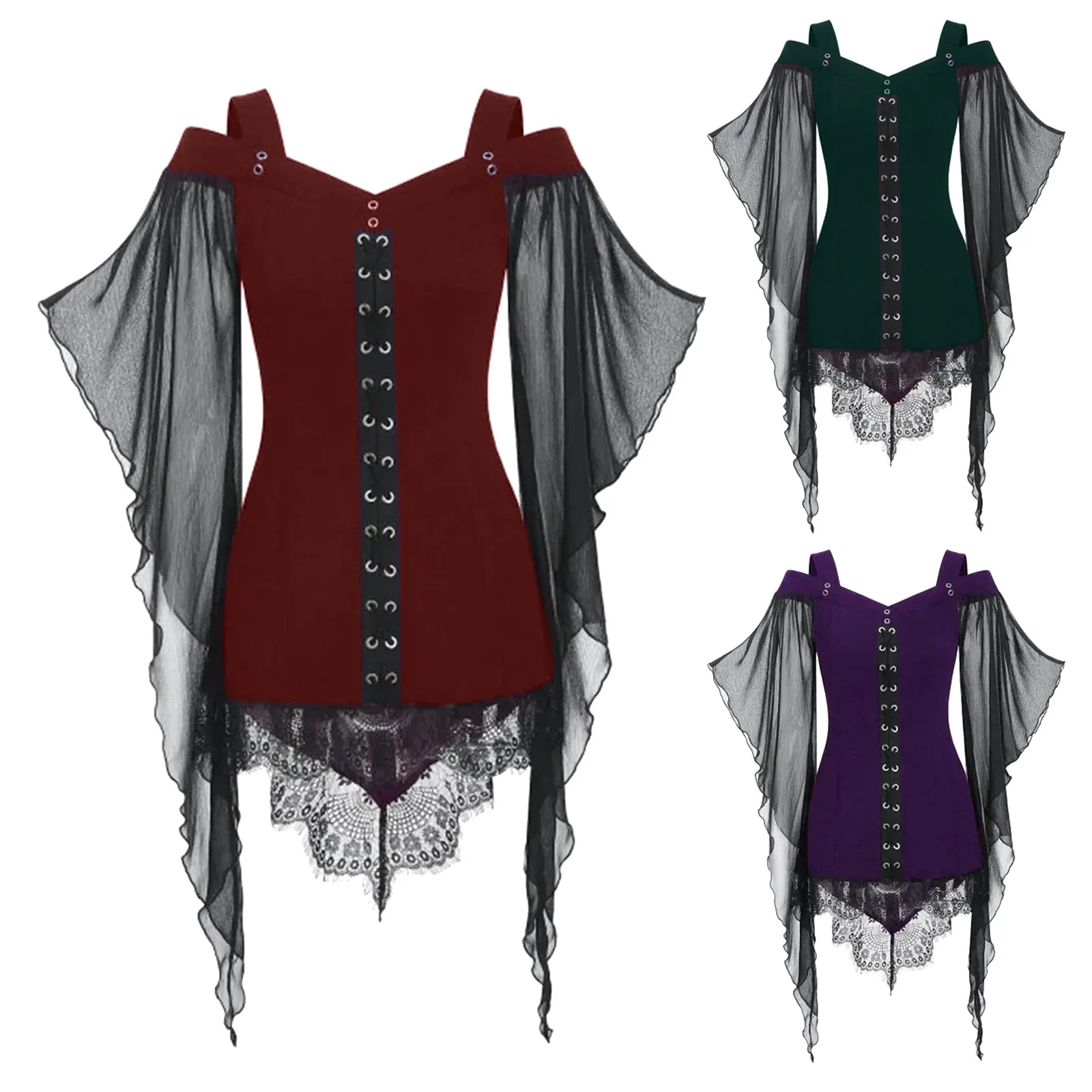 

Vintage Blouse Shirts Womens Tops And Blouses Gothic Criss-cross Lace Insert Butterfly Sleeve Plus Size Tops Halloween Costumes