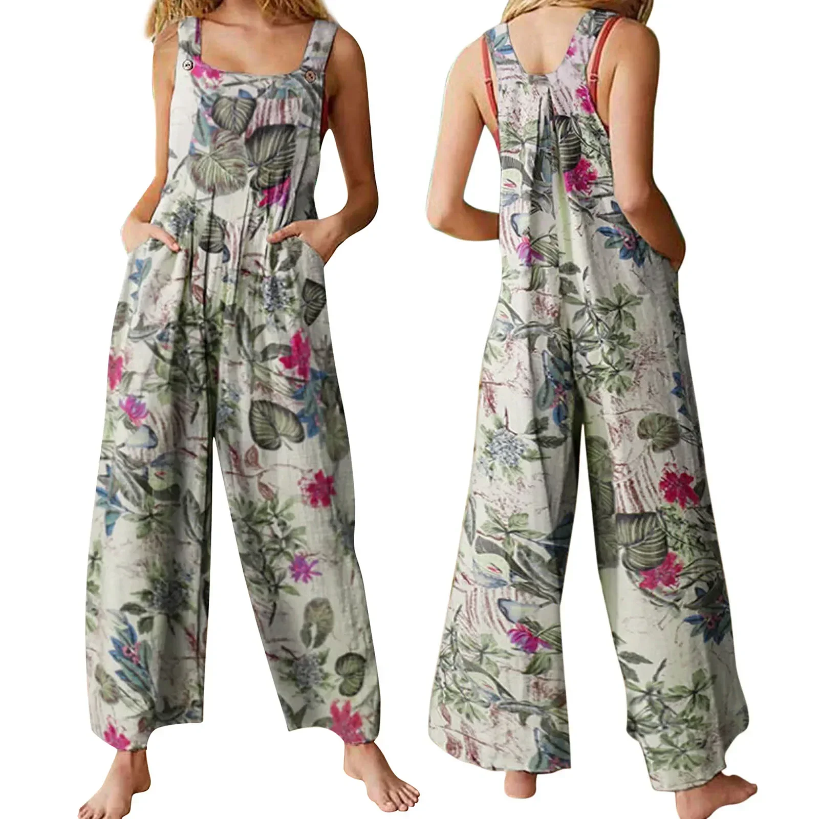 

2025 Women's S-3XL Cotton and Linen Jumpsuit Leaf Floral Print Square Neck Sleeveless Casual Loose Overalls with Pockets