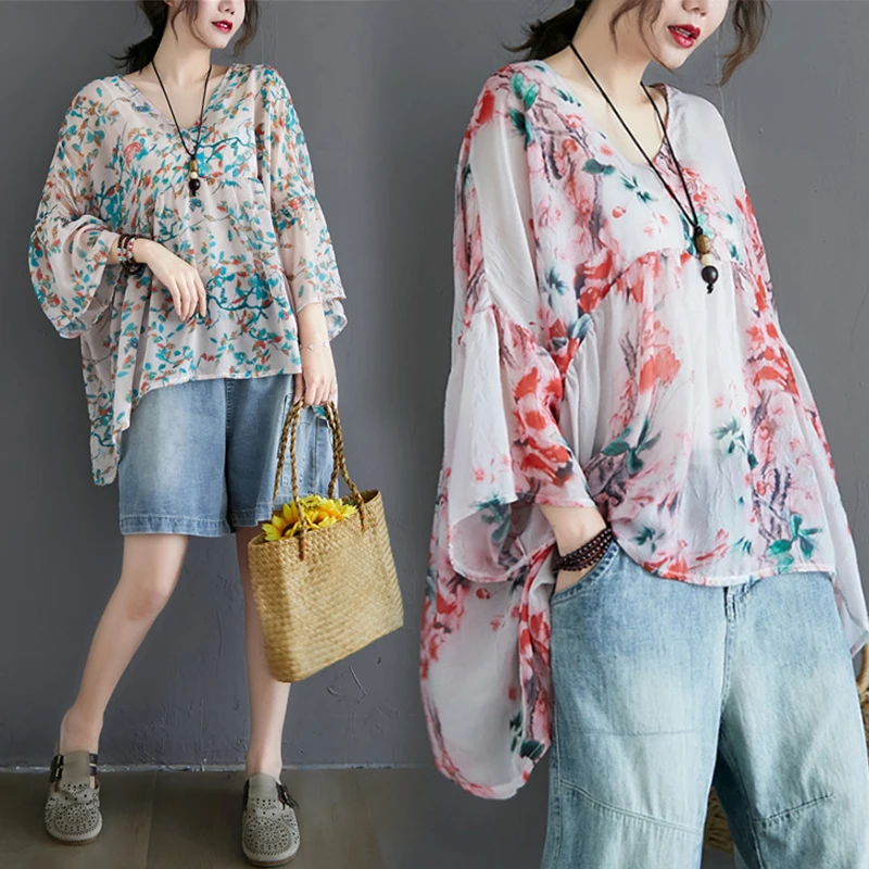 

Floral Print Thin Crepe Cotton Linen Bell Sve V Ne Asymmetrical Large Size Women's irt Casual Comfortable Spring Faion