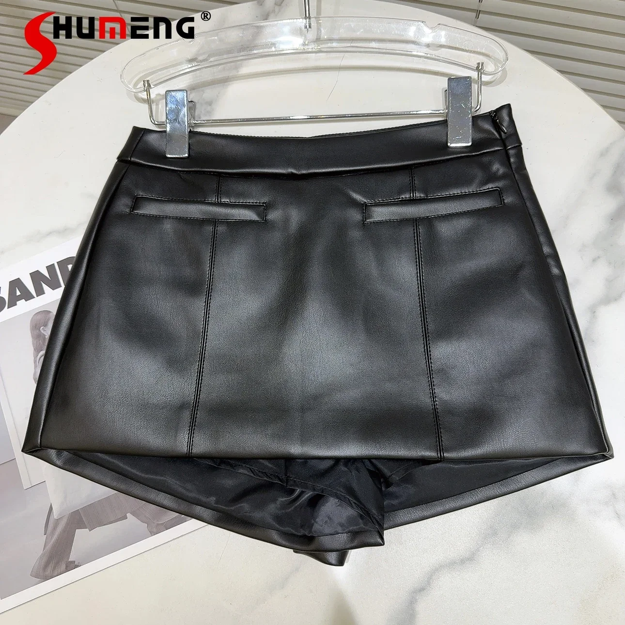 

Fashionable 2023 Winter New Feminine Socialite Pockets Decoration PU Leather Skirts Miniskirts Pantskirts Women's Skirt