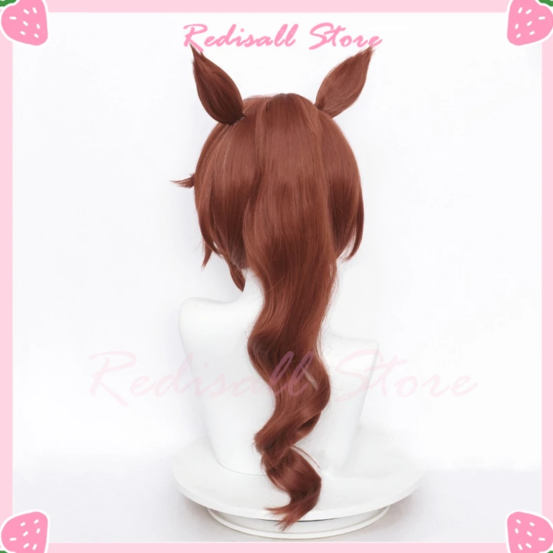 Cabelo sintético Cosplay peruca com orelhas cauda, rabo de cavalo encaracolado, marrom misto, jogo Anime Headwear, bonito Derby, Tokai Teio