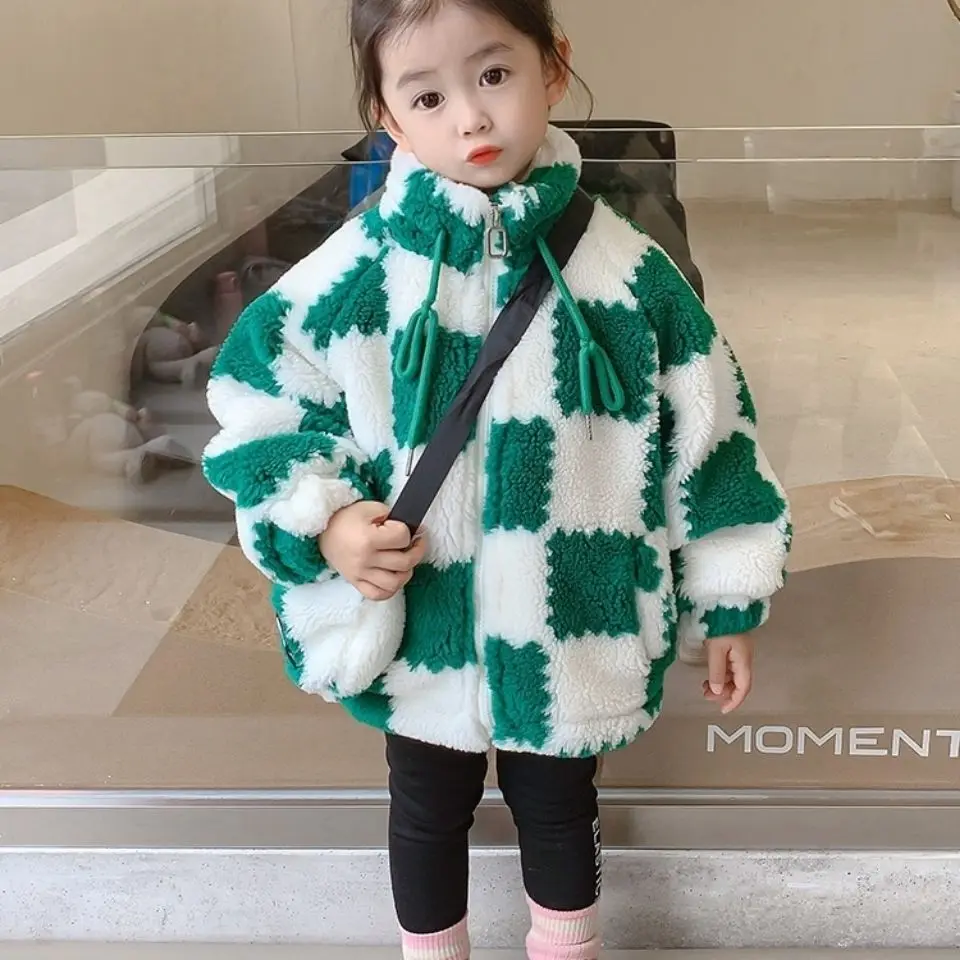 Children Clothing 2022 Autumn Winter Girl Lamb Wool Coat Fleece Thickened Newfashionable Baby Winter Casual Plaid Woolen Coat