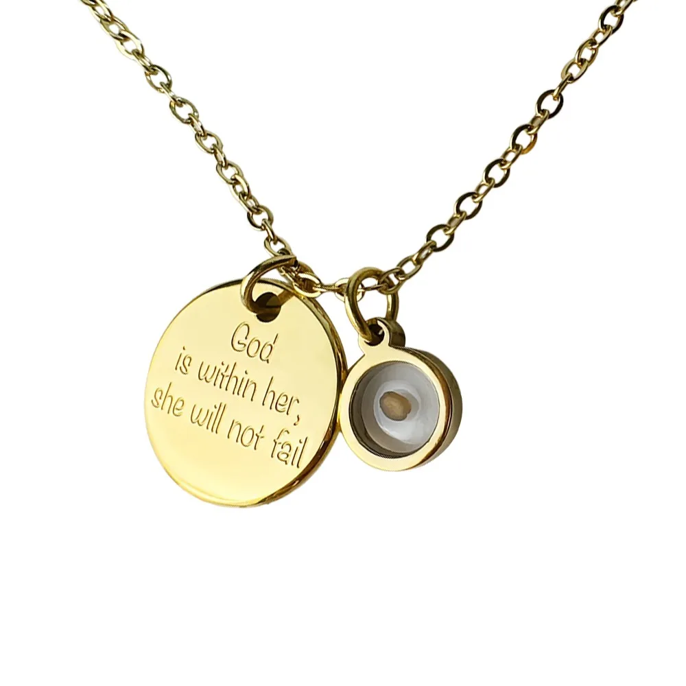 Regalo cristiano Collar de semillas de mostaza Color dorado Collar con colgante de color plateado Forma rectangular Collar de cadena de semilla de fe