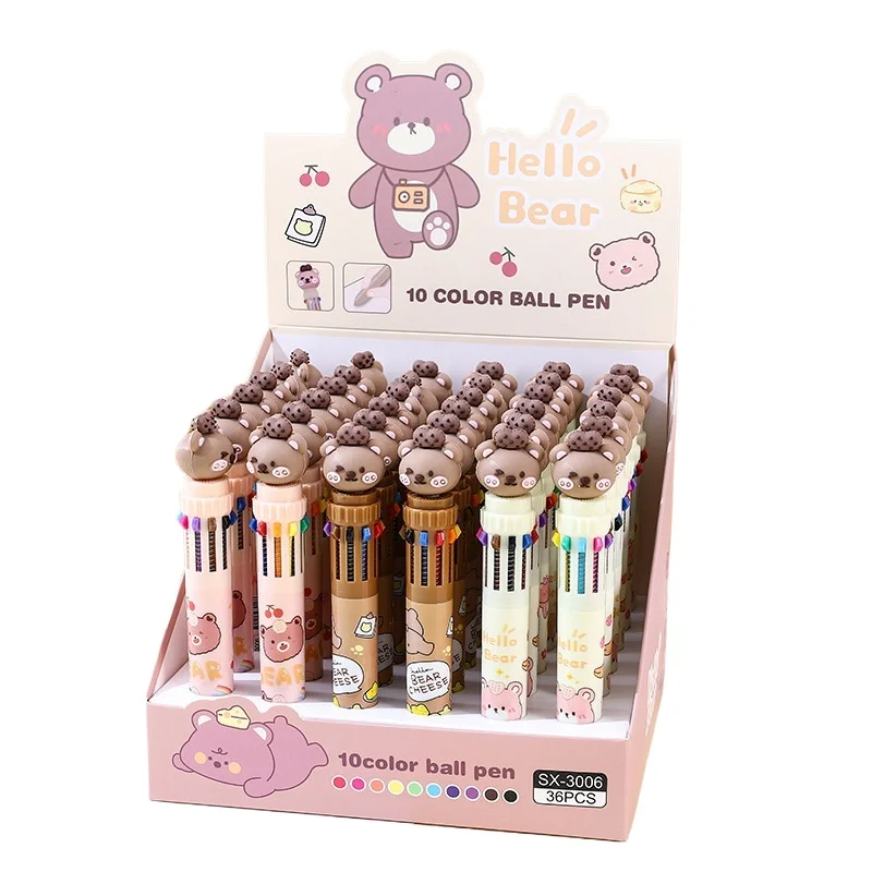 36pcs Ballpoint Pen Cartoon Bear 10-Color Cute Press Multicolor Cartoon Hand-Held Pen High Value Gift Pen Creative Stationery
