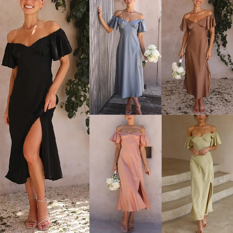 

Women Sexy Satin Dress Solid Party Slash Neck Pleated Splits Lady Elegant Hotsweet Empire Summer High Street Long Cloth