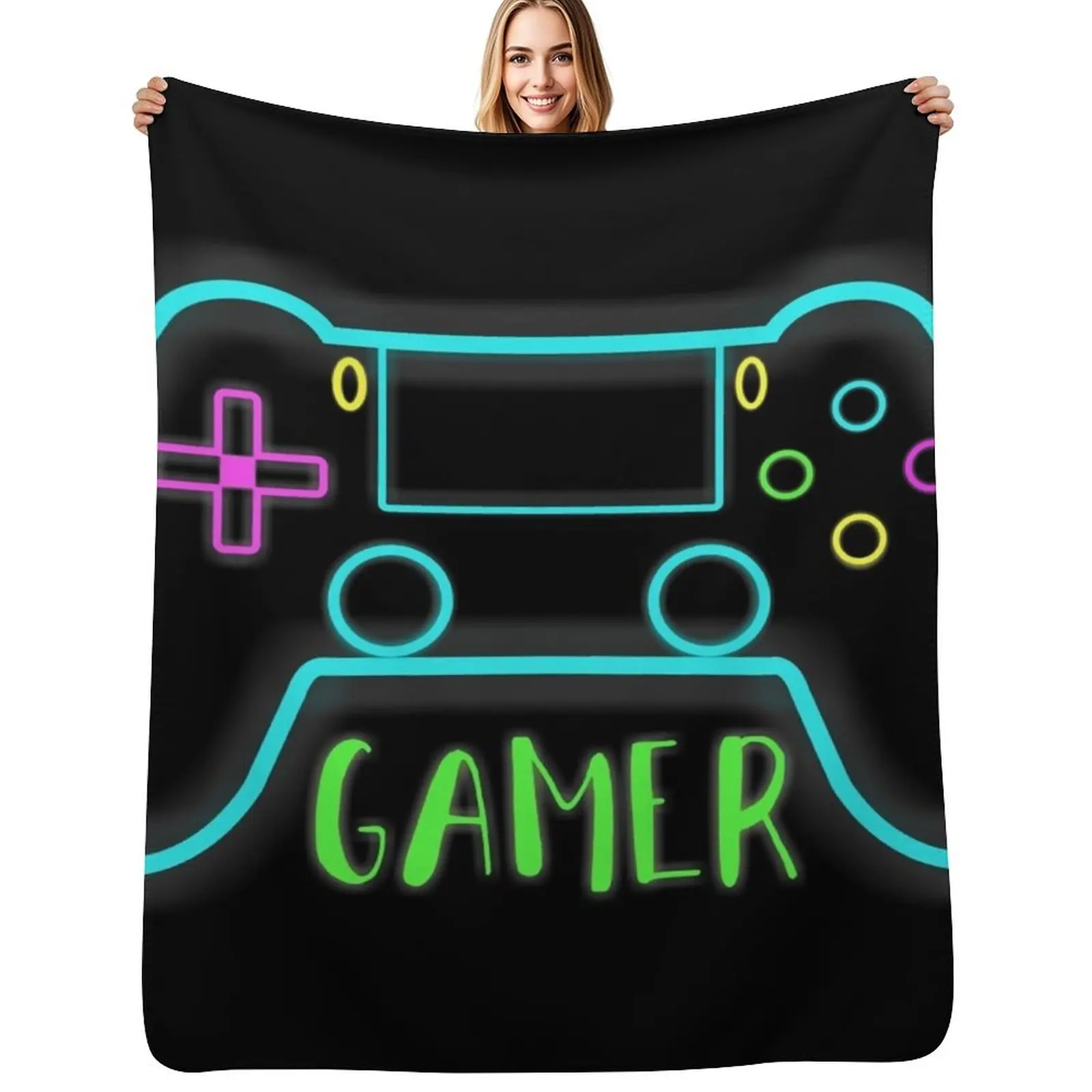 Neon gamer controller neon colors Throw Blanket Soft Plush Plaid Decorative Beds Furrys Single Plush Blankets