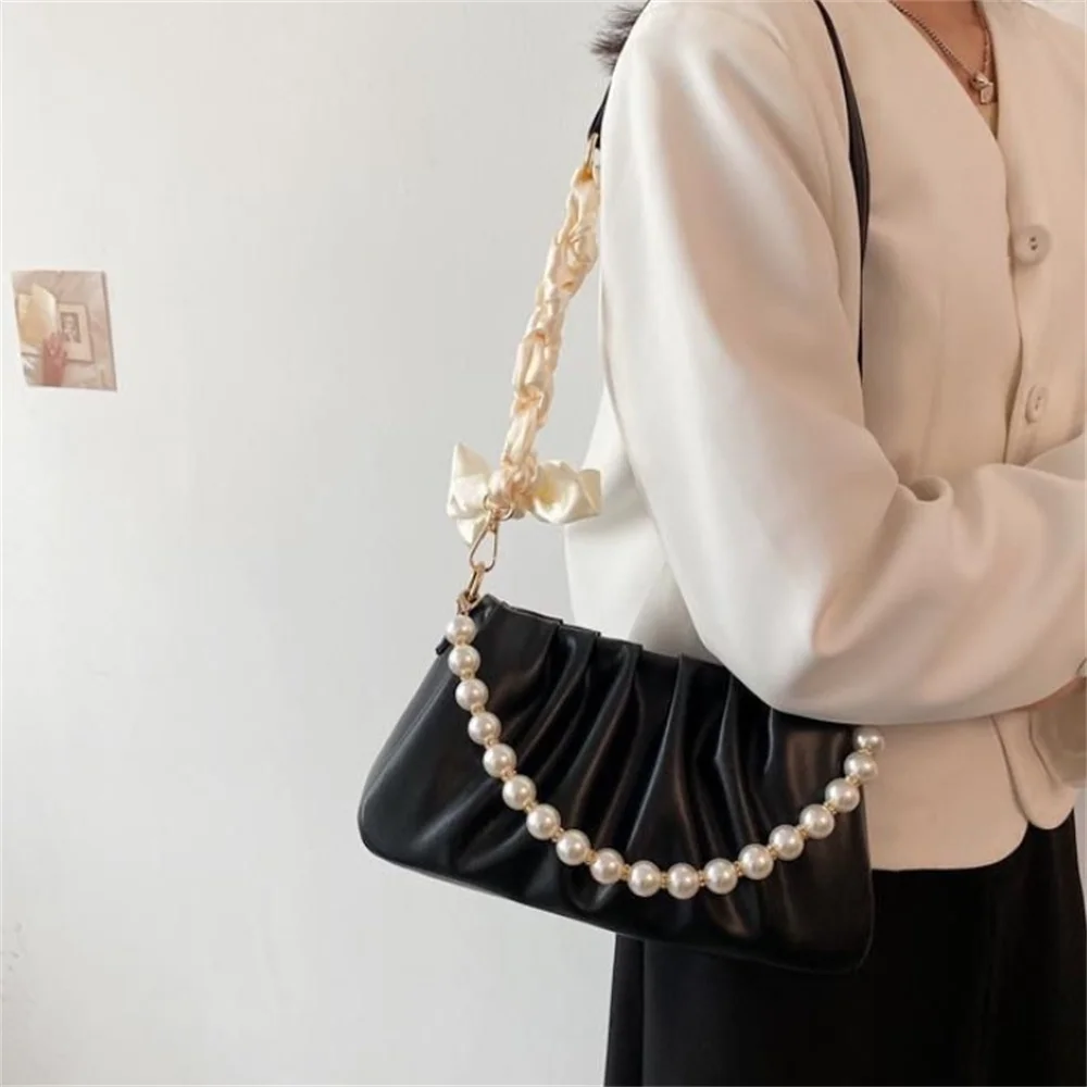 Fashion PU Pearl Cloud Bags Pleated Handbags for Women Shopping Shoulder Bags Female Hand Bags Crossbody Bags