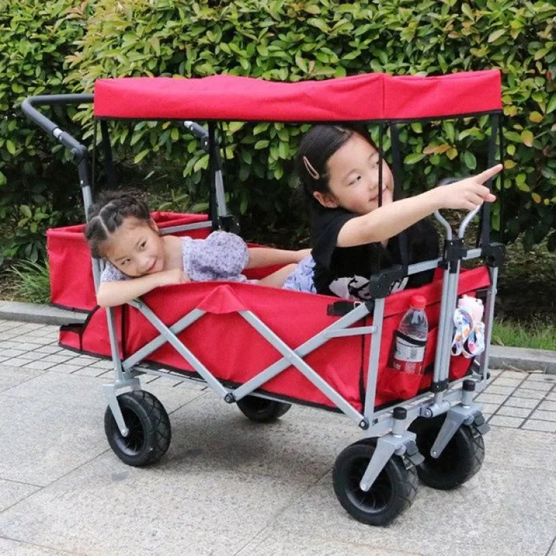 

Outdoor Camping Folding Wagon Cart Creative Handle Bar Removable Canopy Oxford Cloth Shopping Beach Cart Adjustable