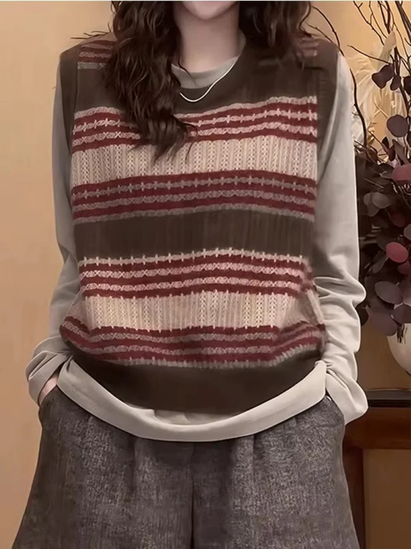 

Korean Style Contrast Striped Sweater Vest Spring Autumn New Collection: Fashion Versatile Knitted Top For Women j405