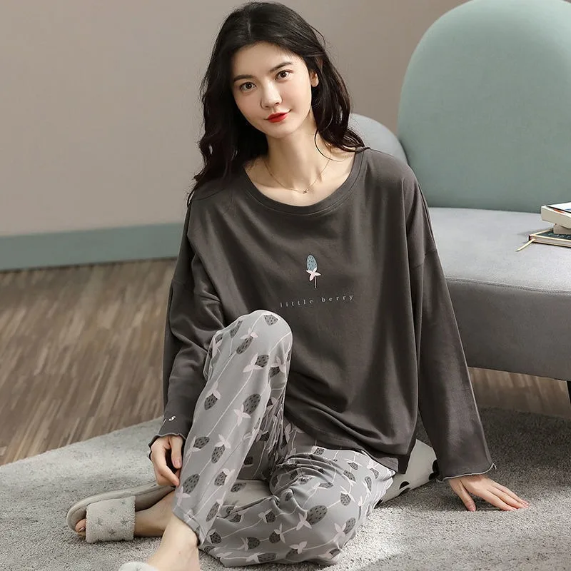 Spring Autumn Women Long Sleeve Plaid Sleepwear Simple Loose Casual Pajamas For Women Autumn Daily Female Soft Pijamas Women