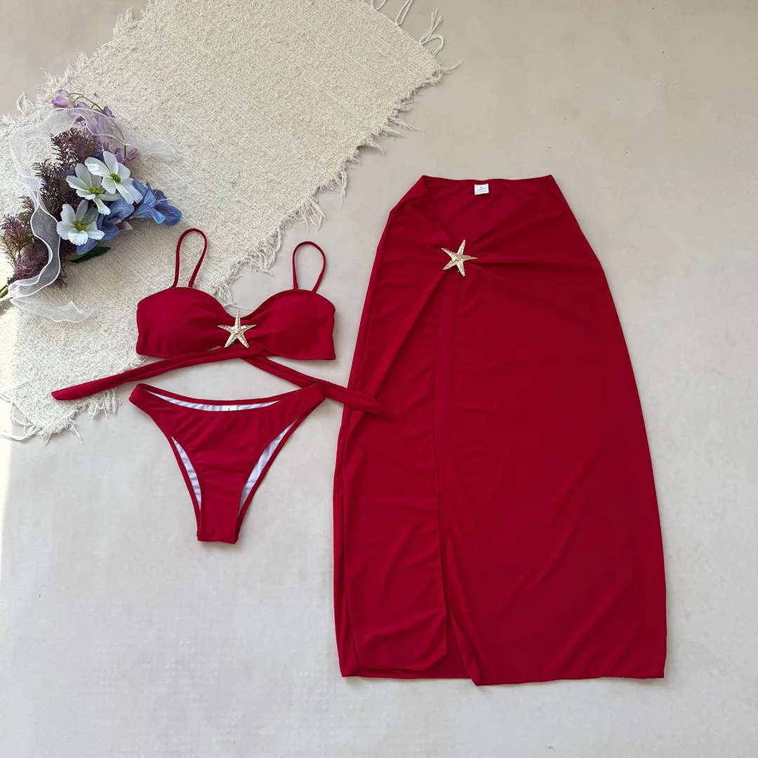 Metall-Stern-Bikini, Damen-Badeanzug, dreiteiliges Bikini-Set mit Rock, brasilianischer Badeanzug, Badebekleidung, Modell V7104C. – Detail 10