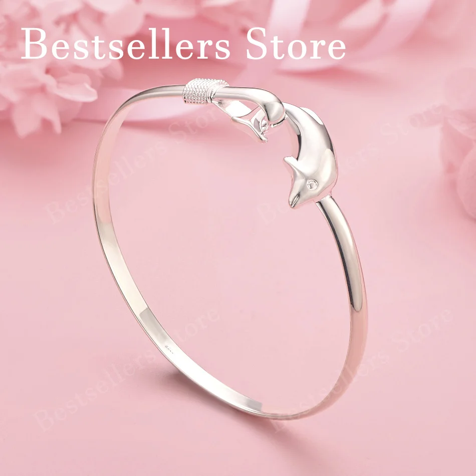 

Luxury 925 Sterling Silver Cute Dolphin Open Bangle for Women, Fashionable Wedding Party Jewelry