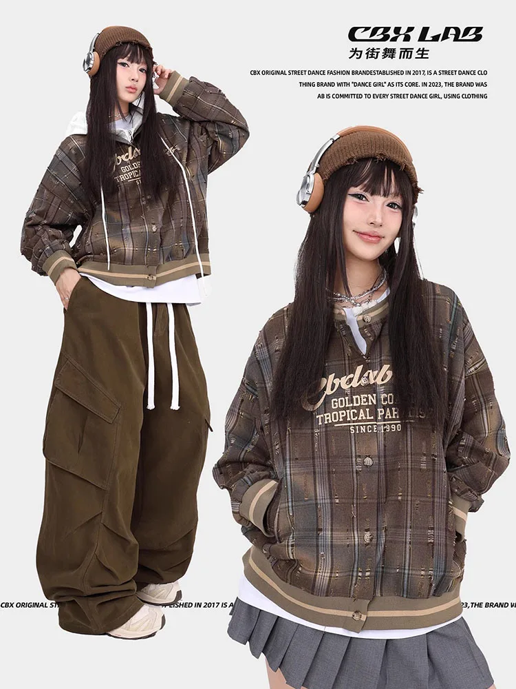 CBXLAB Street Dance Women' s Plaid Patchwork Hip-Hop Baseball Jacket American Nomadic Style Jacket K-pop Spicy Girl Jacket