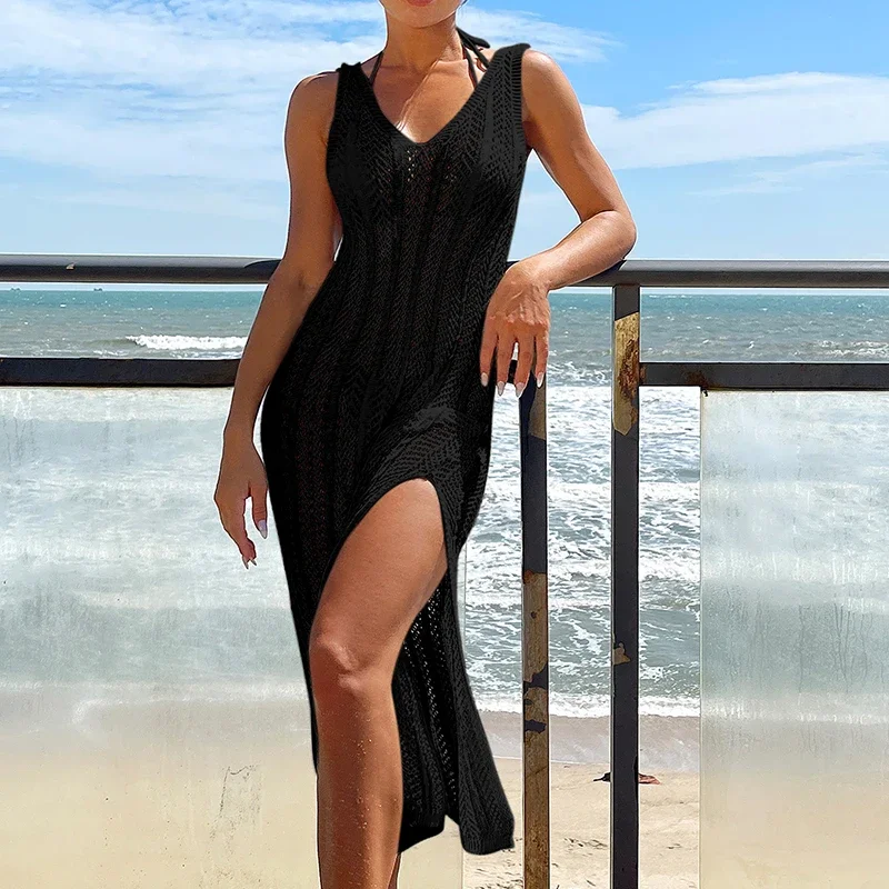 BWQ 2024 Summer Ladies Vacation Hollow Out Robe Women Solid Knitted Maxi Dress Fashion Sleeveless Sexy Beach Cover Up Dresses