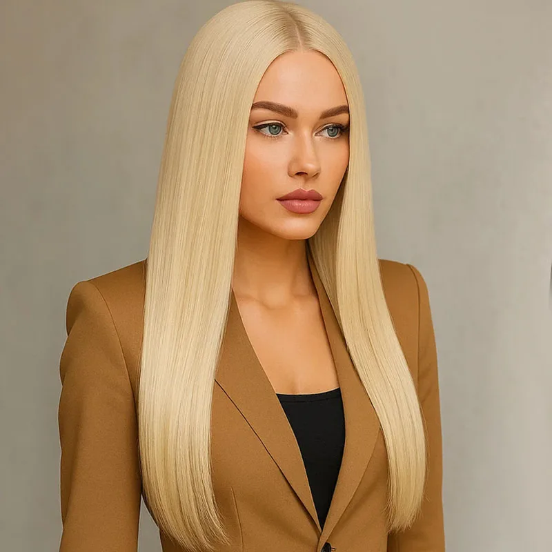 باروكة صناعية مستقيمة ذهبية مقاس 28 بوصة للسيدات عصرية وأنيقة ومناسبة لارتداء الحفلات اليومية