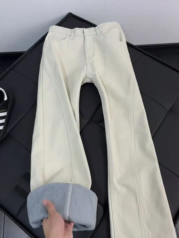 

American High Street Slanted Cut Thiened Fce Men's Jeans Casual Flared Workwear Pants Spring Youth Trend Straight Leg