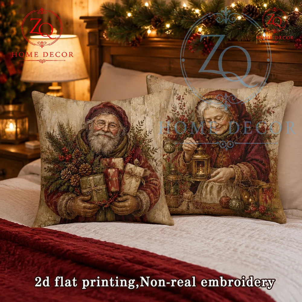 Vintage Santa Claus Christmas Throw Pillow Cover Rustic Farmhouse Holiday Cushion Case for Sofa Couch Bed Xmas Home Decor Gift