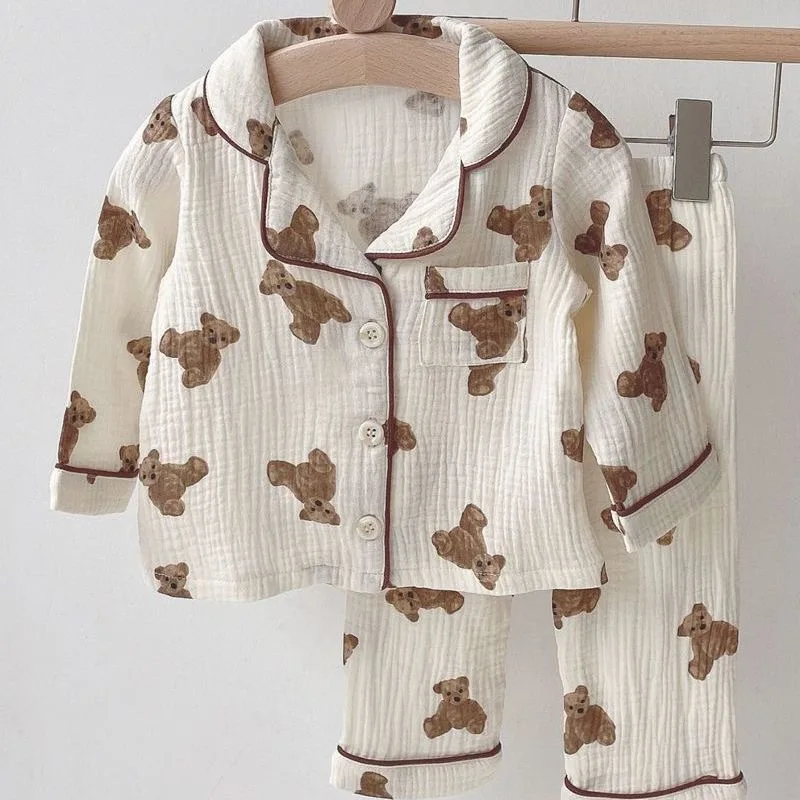 Sets For Children's/girls' pajamas home clothes long sleeved pants women's treasure cartoon teddy bear cardigan two-piece set