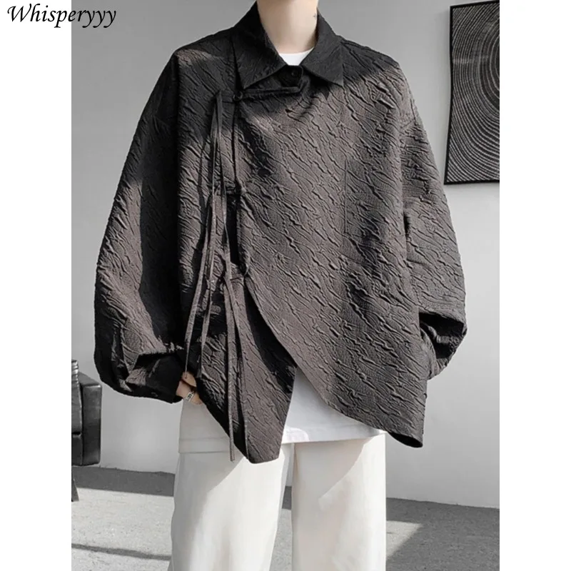 

New Chinese Long-sleeved Shirt Men's Loose Dial Buckle Camisa Hombre Spring Autumn National Style Turn-down Collar Casual Tops