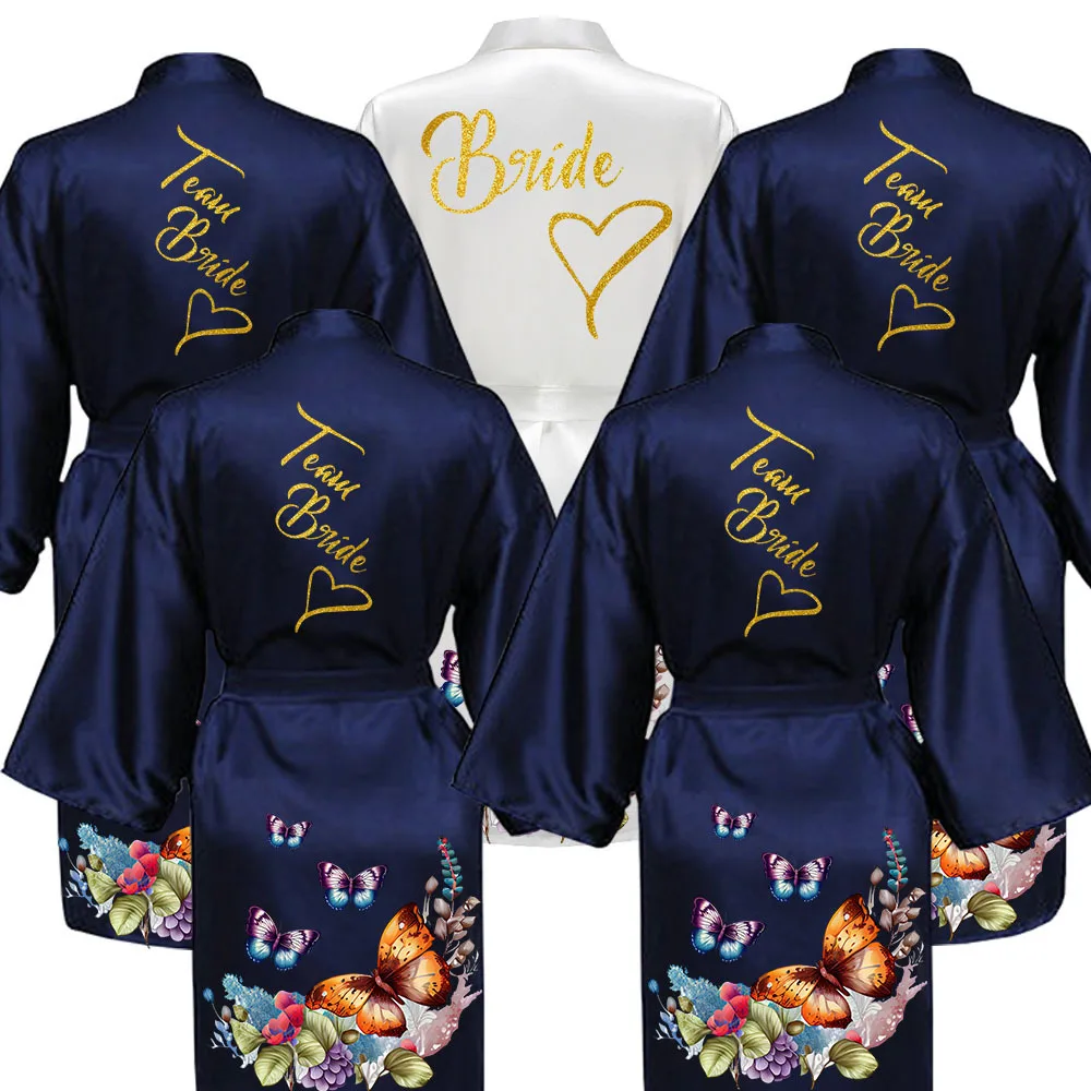 

Gold Bride Bridesmaid Wedding Robe Kimono Bathrobe Gown Nightgown Women Sexy Nightwear Sleepwear HSJS28