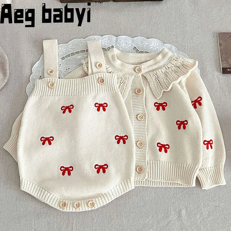 Baby Girls Knit Clothing Sets Bow Embroidery Long Sleeve Infant Sweater Coat + Suspenders Rompers Autumn Toddler Clothes Suit