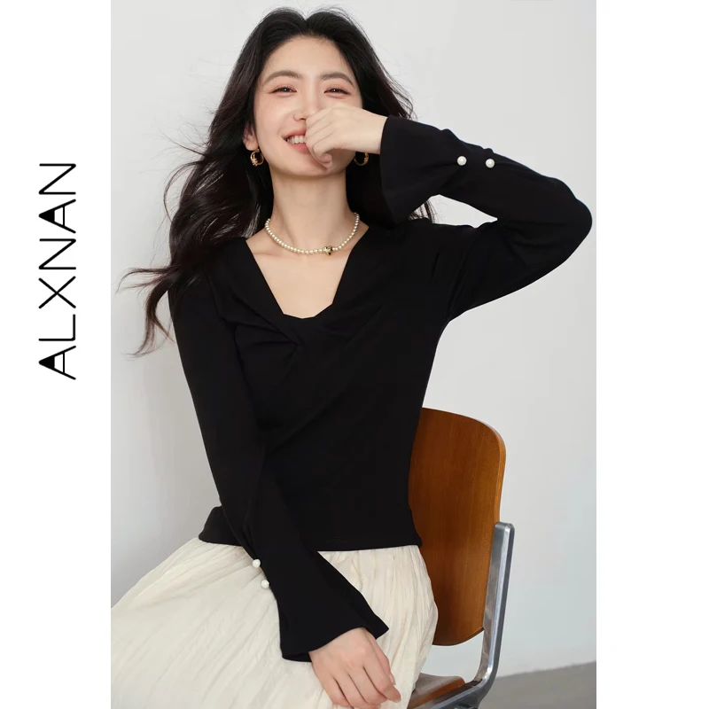 

ALXNAN черный свитер, элегантный облегающий базовый пуловер с v-образным вырезом и рукавами-трубой, осень 202, повседневный трикотаж с длинными рукавами, женский L56859