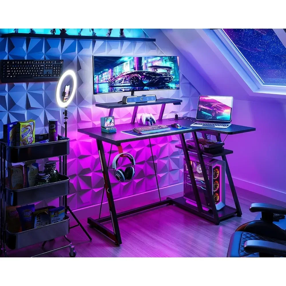 

Small Gaming Desk with LED Lights & Power Outlets, 39 Inch L Shaped Gaming Computer Desk with Storage Shelf, Gamer Desk with