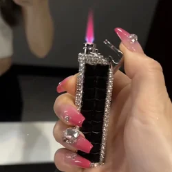 Fashion Diamond Inlaid Inflatable Lighter Windproof Jet Flame Portable Mini Lighter Cigarette Accessories Women's Gift