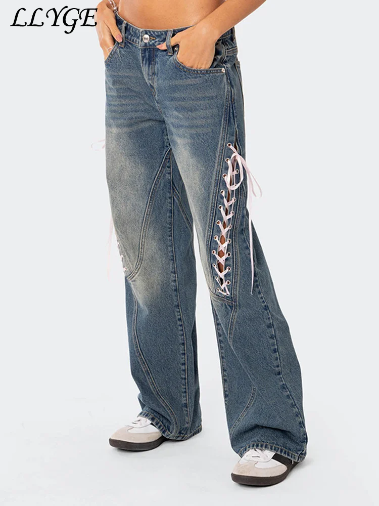 

Casual Women's Bandage Hollow Out Jeans Vintage Patchwork Zipper Pocket Wide Leg Denim Pant 2025 Summer Lady Street Chic Trouser