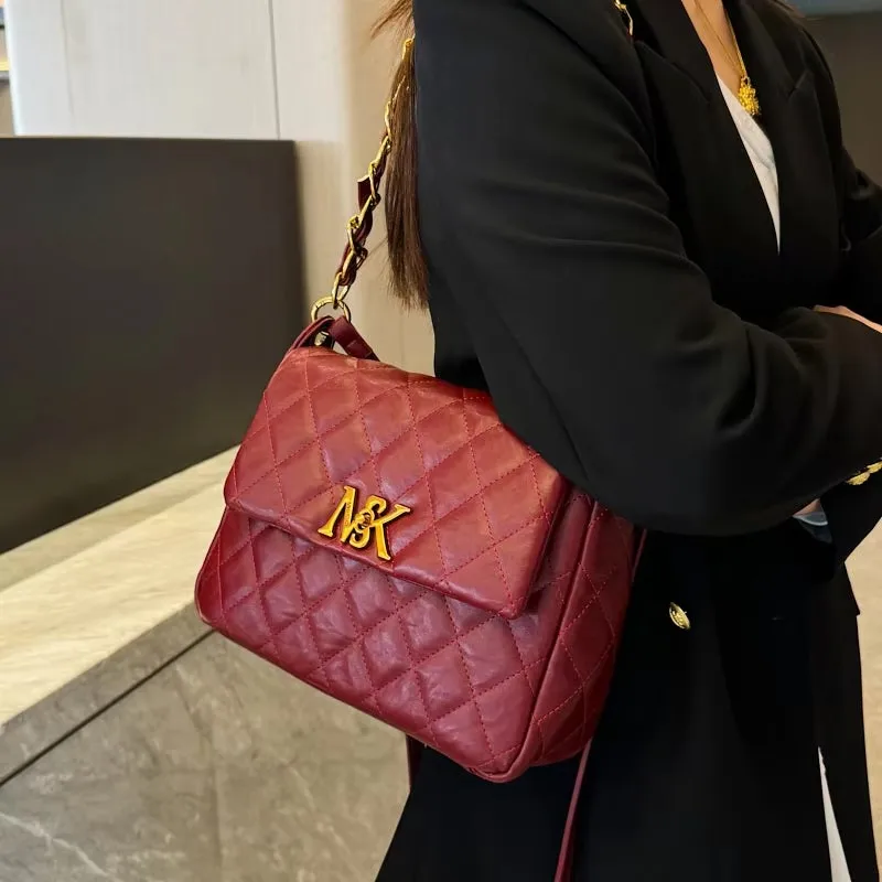 Trendy Textured Leather Shopper Bag - Designer Square Tote With Vintage Letter Logo & Spacious Interior Compartments