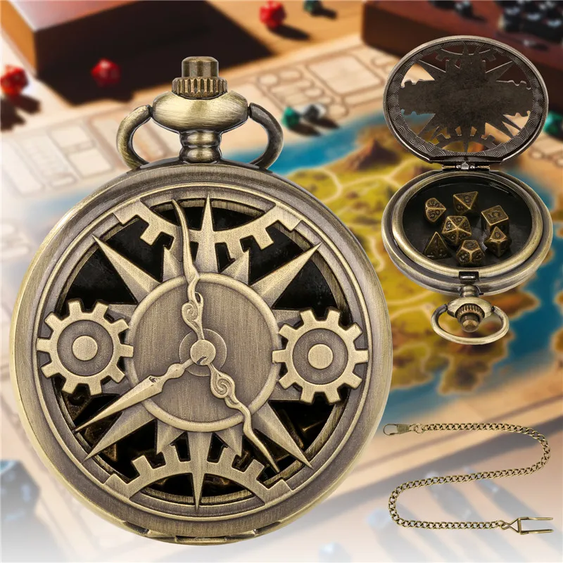 

Bronze Pocket Watch Case Pendant Chain with Vintage 7Pcs/set Metal Polyhedral Dices Entertainment Role Play Gaming Dice