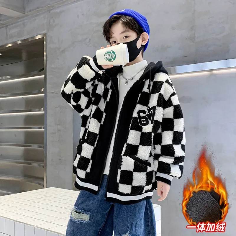 2023 Boys Girls Outerwear Winter Children Fashion Thick Baseball Uniform Jacket Baby Kids Warm Lamb Coats Clothing Teens Tops