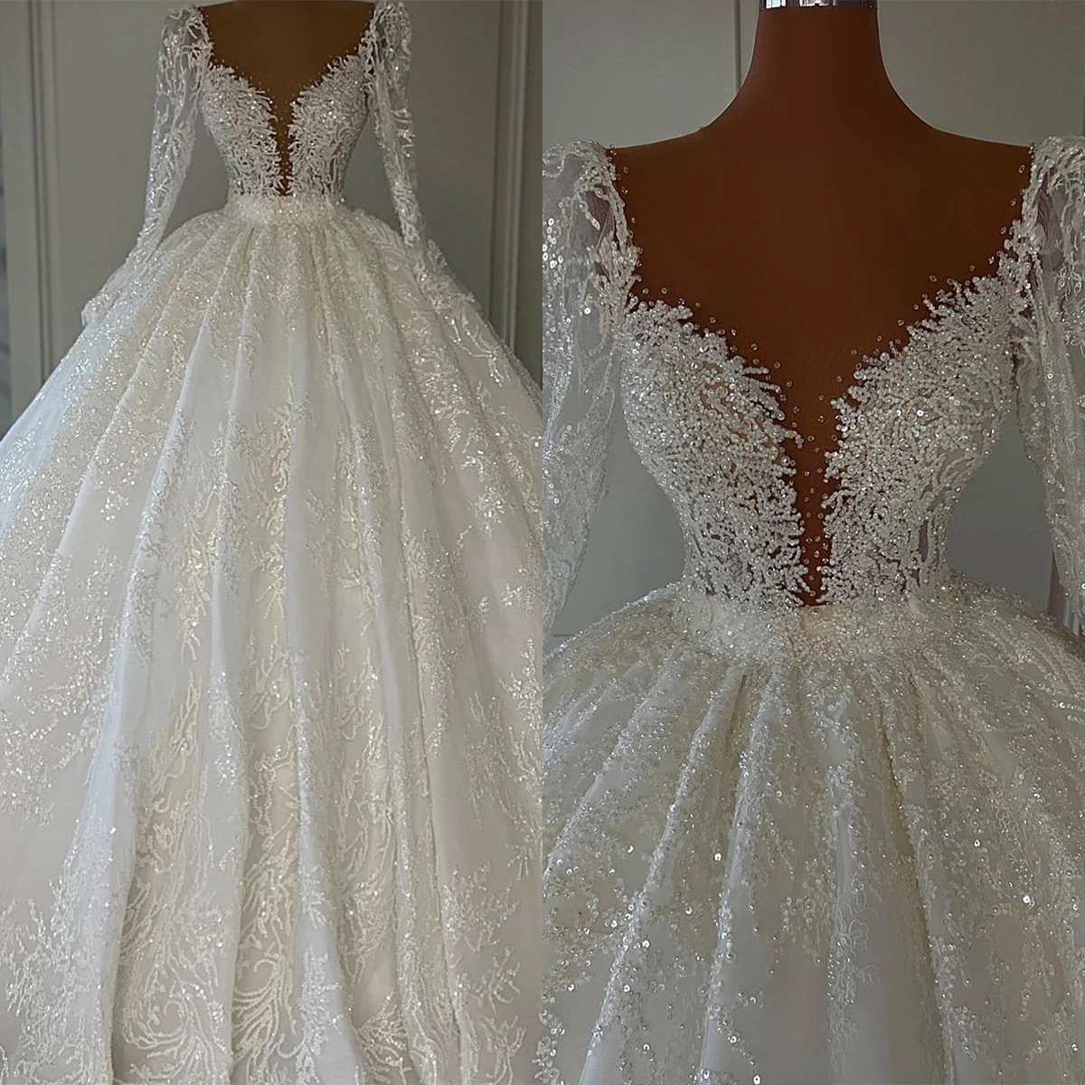 Modest Beading Wedding Dresses Lace Sequined Bridal Gowns Custom Made V Neck Vestido de novia