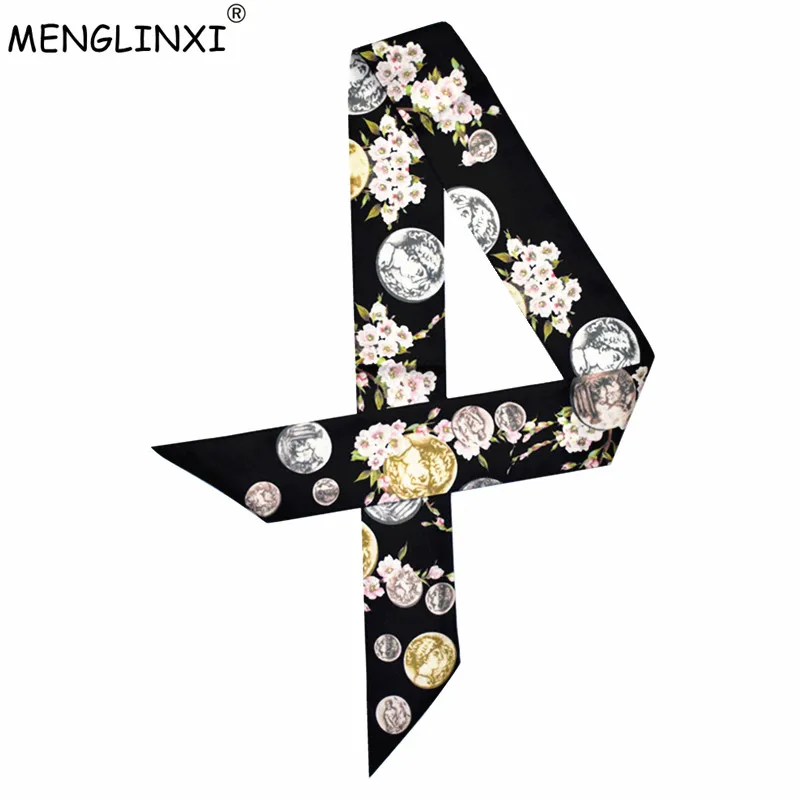 2024 New Design Coin Floral Print Silk Scarf Women Luxury Brand Scarf Handle Bag Ribbons Fashion Head Scarf Small Long Scarves